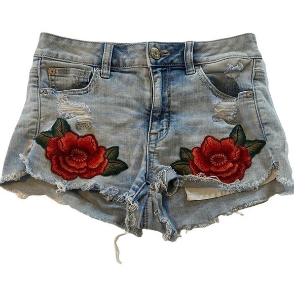 American Eagle Hi Rise Shortie Denim Shorts Sz 4 - Picture 1 of 8
